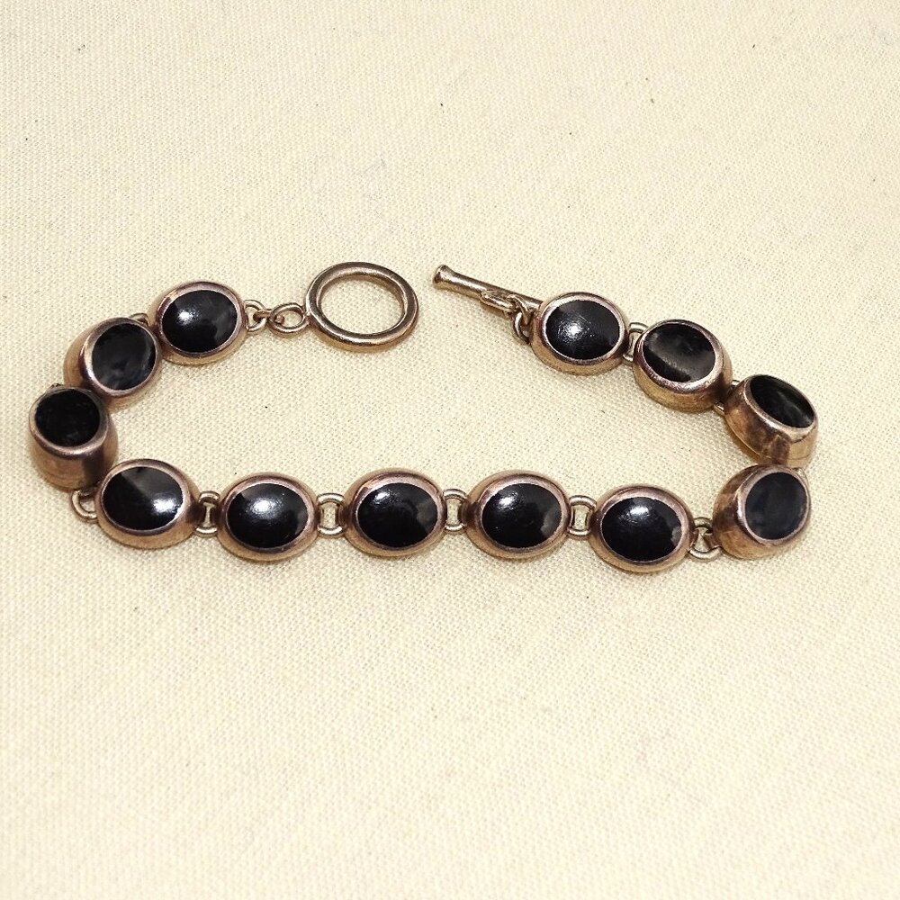 Vintage 950 Sterling Silver and Onyx 7 1/2" Toggle Bracelet